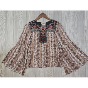 Savanna Jane Blouse Women's Small Embroidered Snake Print Bell Sleeve Boho Flowy